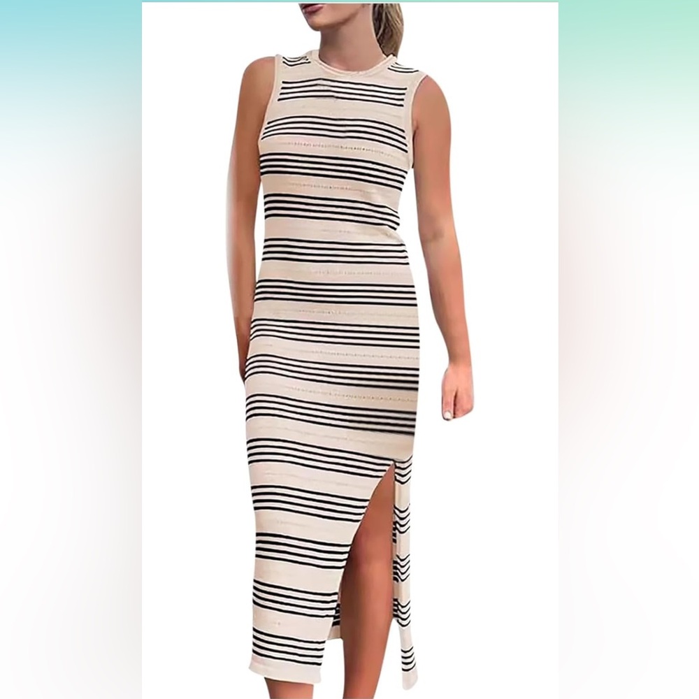 Round neck sleeveless long tight knit striped tank summer dress